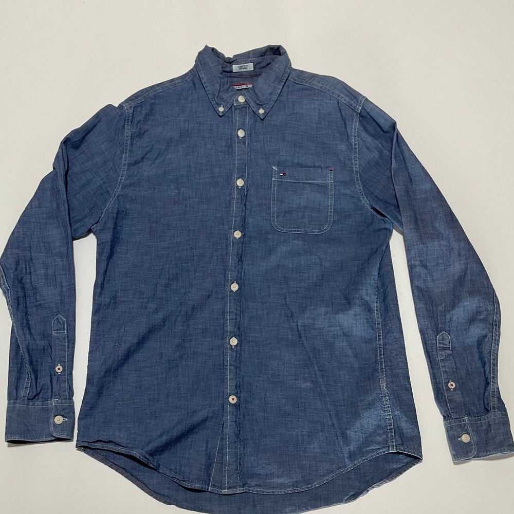 Tommy Hilfiger Mens Indigo Yarn Button Down Shirt Blue Custom Fit Medium